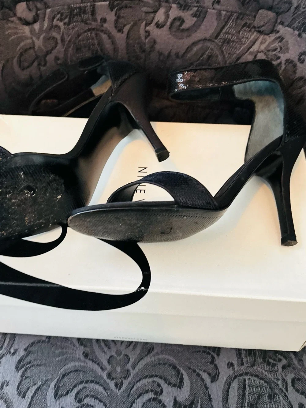 Nine West Black Sequin Ankle Strap Heels | Size 9.5 | Evening Sandals